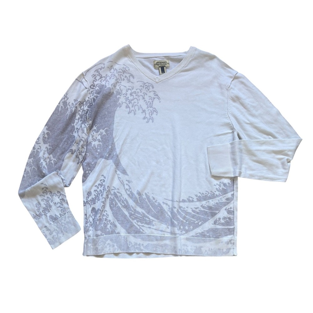 Vintage Y2K Mens Japanese Wave Print 100% Cotton Sweater XL Hokusai Kanagawa USA